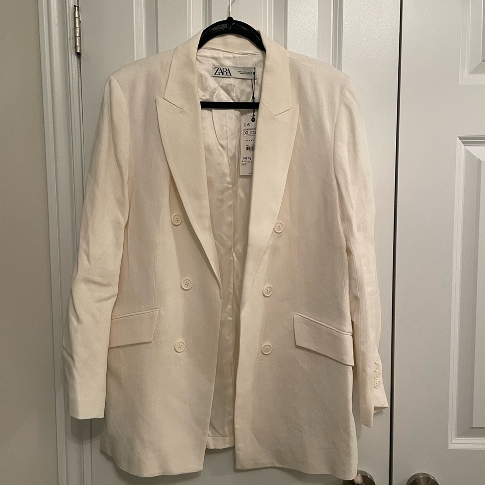 Zara Creamy Double-Breasted Blazer and Trousers Pant Suit Size XL NWT